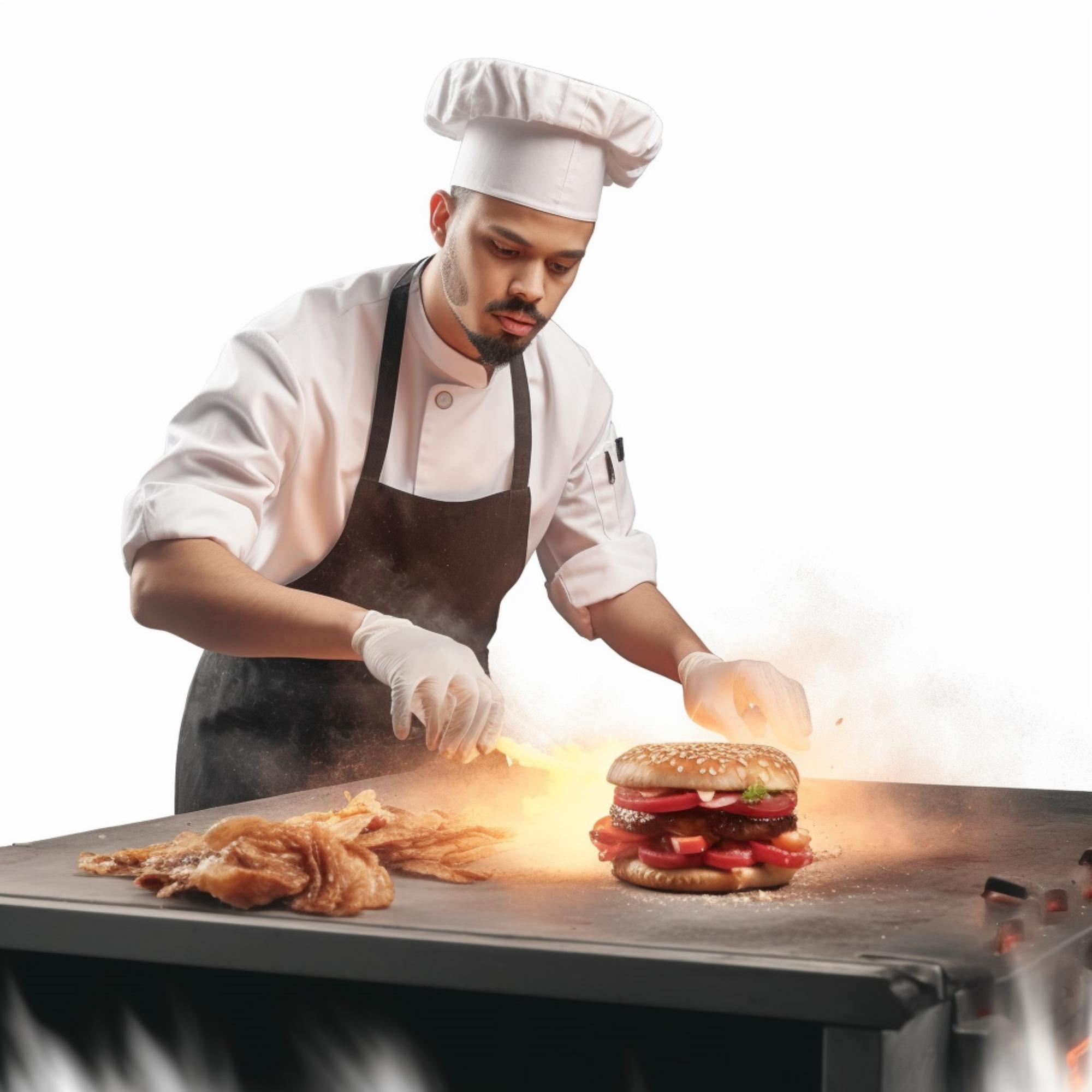 Modern mutfakta bir şef hızla yemek hazırlıyor